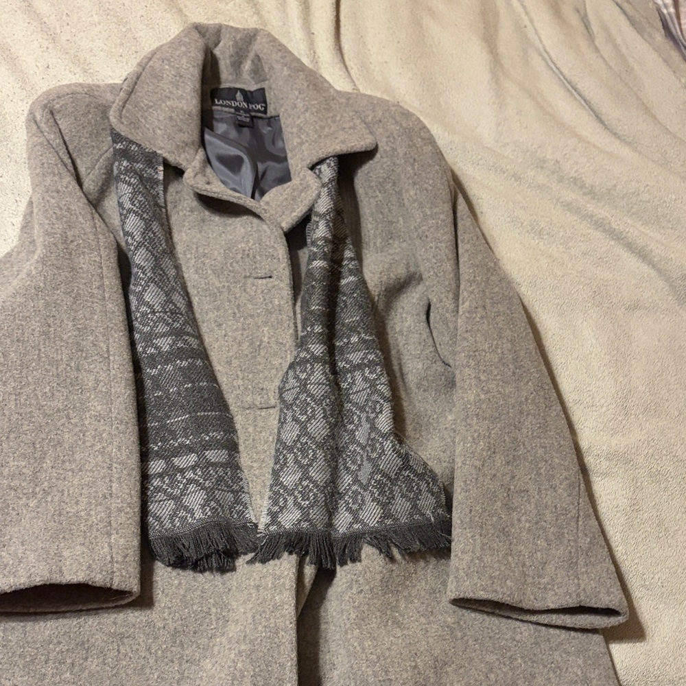 London Fog Tan Coat with Patterned Scarf